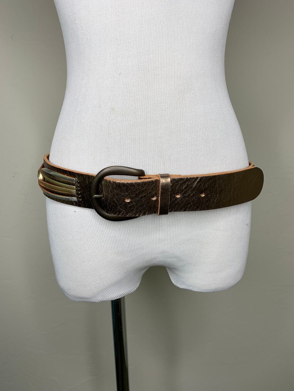 Fossil Gold Silver Wide Leather Belt Sz Medium